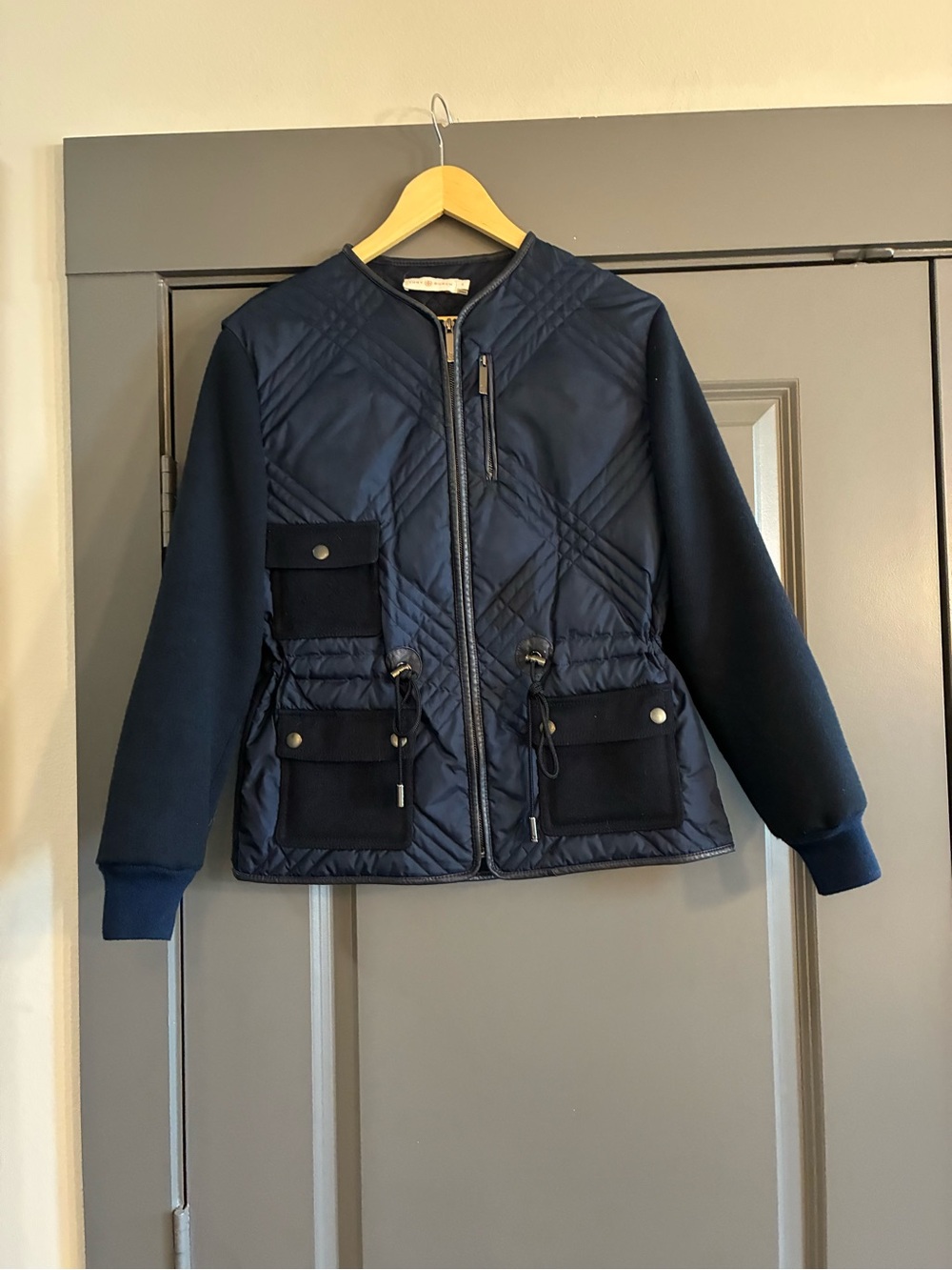 Tory Burch Navy Quilted Puffer Jacket with Utility Pockets and Leather